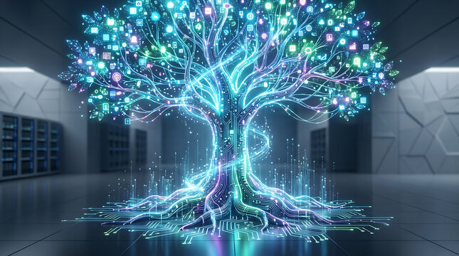 Digital glowing tree composed of intricate circuit board patterns with neon blue and purple light effects