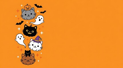 Fototapeta premium Cute pumpkin cats with ghosts and bats in a flat vector style on orange background