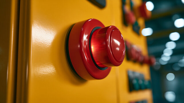 A red emergency stop button glows on a yellow industrial control panel inside a factory. Perfect for safety and crisis management concepts.