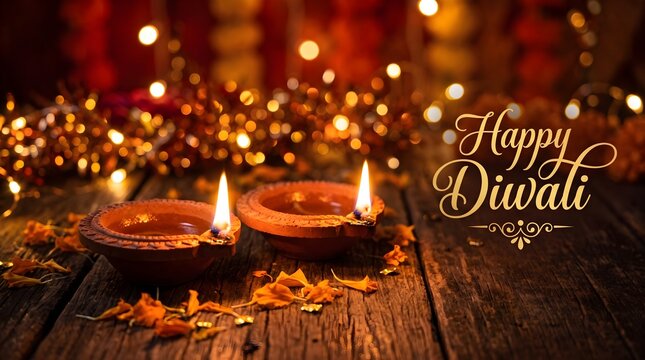 Warm glowing diya lamps illuminate a festive diwali celebration with bokeh lights