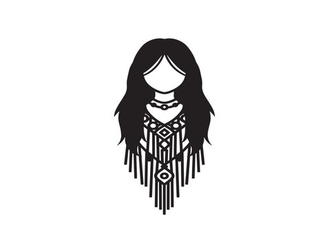 Boho woman icon with macrame fringe necklace and long hair vector illustration
