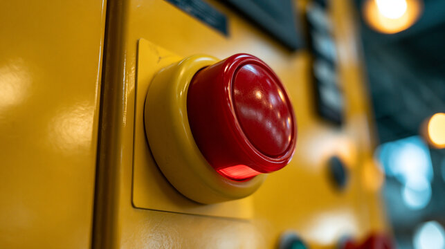 A glowing red emergency stop button mounted on a yellow industrial control panel in a factory. Useful for safety and manufacturing technology concepts.
