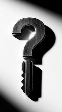 Metallic question mark key on white background. Symbolizes curiosity, mystery, and finding answers or solutions. Minimalist object represents searching for knowledge or solving problems.