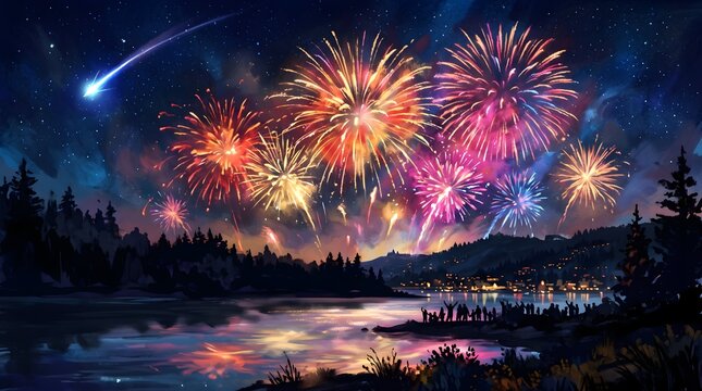 Spectacular fireworks display over a tranquil lake with a shooting star
