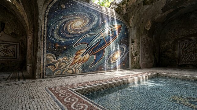 Ancient grotto pool with space rocket mosaic wall art