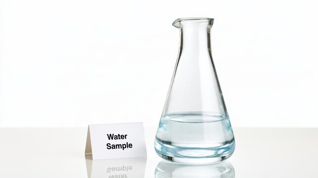 A clear glass flask contains a water sample, labeled with a small tent card reading "Water Sample" against a white background.