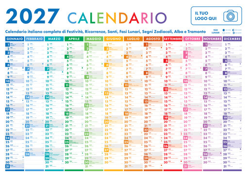 2027 Calendar - illustration. Template. Mock up. Italian version with Saints, Holidays, Lunar Phases and Zodiac Signs