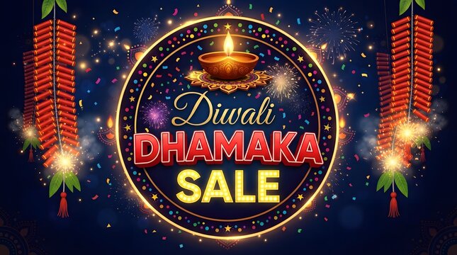 Diwali dhamaka sale banner with diya and firecrackers