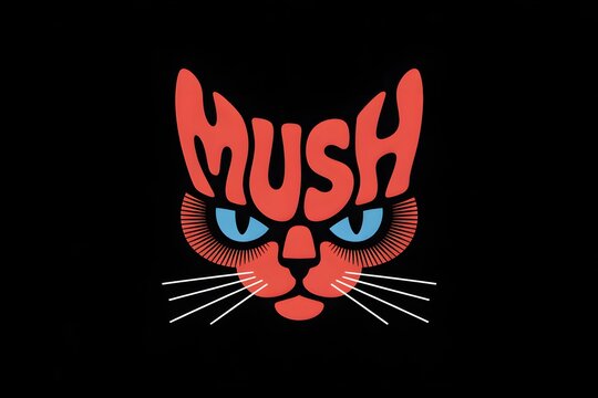 A stylized red cat face with MUSH text integrated and striking blue eyes on a black background