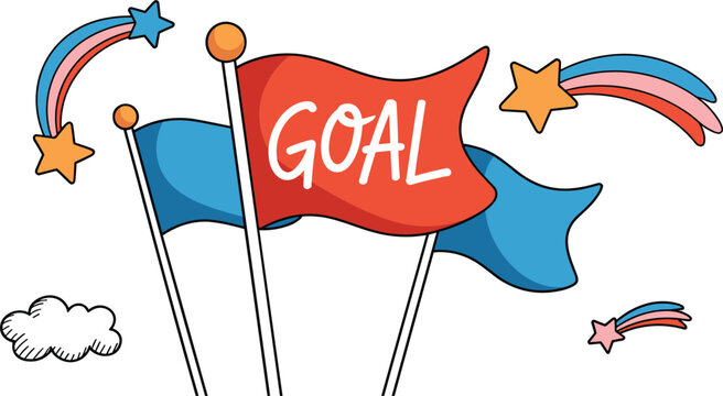 Business success goal vector illustration concept featuring waving flags alongside shooting stars and a small cloud element isolated on white backgroundBusiness 