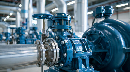 Fototapeta premium Industrial blue pumps and steel piping systems in a modern manufacturing facility. Perfect for engineering and manufacturing background.