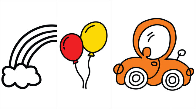 Cute child drawing style vector icon collection featuring a basic outline rainbow cloud colorful balloons and a tiny orange toy car isolated on white backgroundCute 