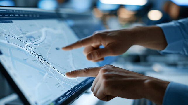 Cropped view of the hands of a confident european postal dispatcher manually adjusting an automated delivery route on a wall mounted digital map screen bright sorting hub office clean