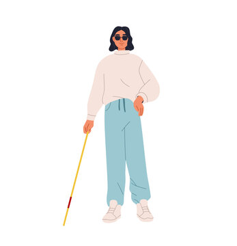 Woman with stick, blind person with walking cane. Blind woman, visually disabled character holding cane, stick. Person with visual disability, bad sight. Isolated flat cartoon vector illustration