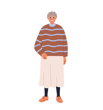 Old senior woman, happy elder character. Senior person, old grandma character standing. Happy elder retired woman, pensioner, granny. Mature female. Isolated flat cartoon vector illustration