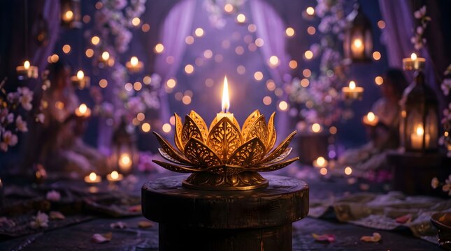 Golden lotus flower candle surrounded by twinkling lights in a purple haze
