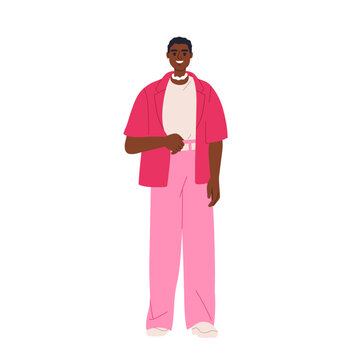 Happy black man isolated. Happy African-American man standing in modern fashion outfit. Young male person standing, smiling. Stylish guy character. Flat vector illustration isolated on white