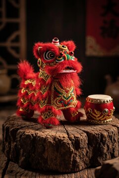 Small red lion dance figure with gold embroidery sits on wood next to tiny drum. Festive Asian decoration symbolizes luck and courage for celebrations, holidays, or cultural displays.