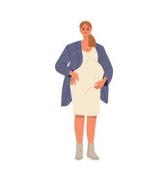 Pregnant woman, mother with baby in belly. Woman during pregnancy, mother with prenatal belly. Young mom, pregnant mother body. Motherhood and maternity. Isolated flat cartoon vector illustration