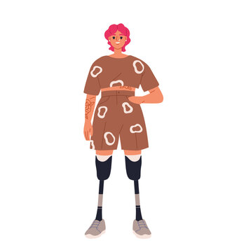 Woman with leg prosthesis. Person with artificial limb, orthopedic prosthetic legs after amputation. Person with disability, happy woman with artificial limb. Isolated flat cartoon vector illustration
