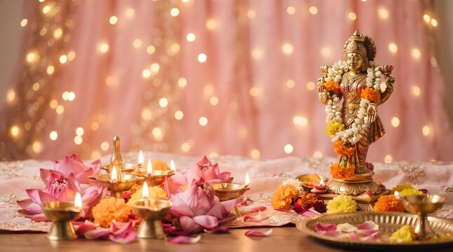 Hindu altar with offerings and decorations for a vibrant religious ceremony
