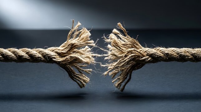 Fraying thick hemp rope on the verge of snapping under extreme tension illustrating severe emotional stress and critical business pressure points
