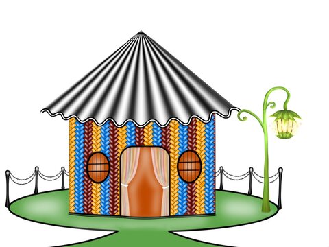 Colorful cartoon circus tent and carnival kiosk with striped roof, fence, and vintage street lamp isolated on white.