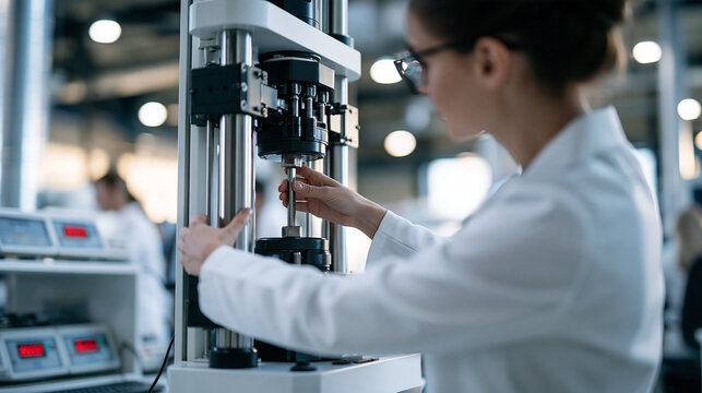 Over the shoulder view of a confident european steel plant quality lab technician placing a metal sample into a tensile testing machine inside a bright steel plant quality lab clean