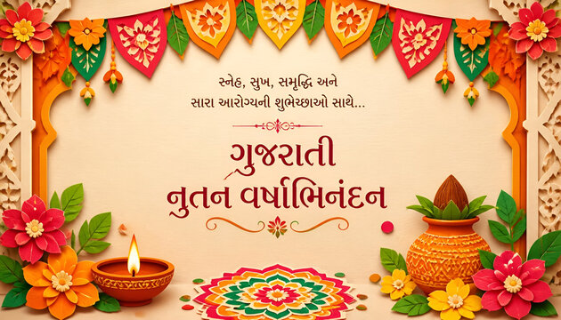Gujarati new year festive greeting card design with traditional floral decor and diya oil lamp nutan varshabhinandan traditional deco