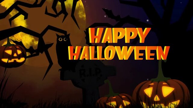 Illustrated Halloween scene with black cat and glowing pumpkins in dark forest setting