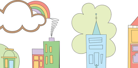 Obraz premium Whimsical cartoon doodle vector design featuring colorful city buildings houses a large green tree cloud and rainbow on white backgroundWhimsical 