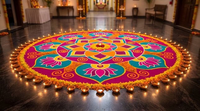 Intricate rangoli design with colorful powder and traditional oil lamps for diwali