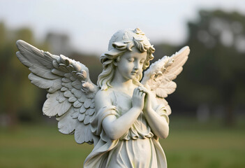 Fototapeta premium Spirituality and peace, stone angel statue praying in a cemetery garden with soft morning light for memorial and funeral services or religious themes