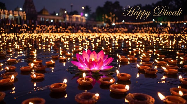 Floating lanterns illuminate a still lake during a nighttime festival celebration
