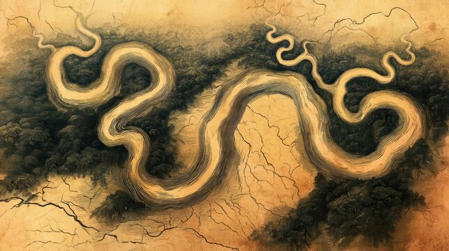 An artistic aerial map depicting winding river paths with detailed terrain shading and intricate natural formations.