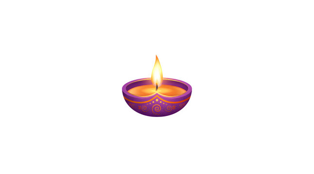 Traditional purple diya oil lamp with a burning flame isolated on a white background for diwali celebration