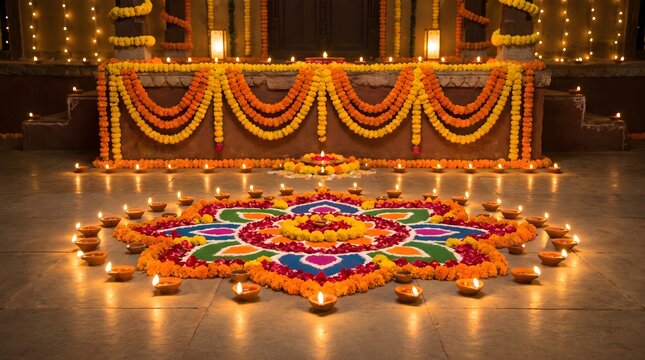 Colorful rangoli and diwali decorations illuminate a festive indian celebration