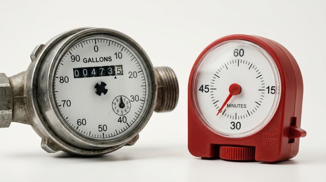 A close up studio shot of an analog water meter in gallons placed next to a red mechanical timer showing forty five minutes against a clean white background, underscoring the measuring