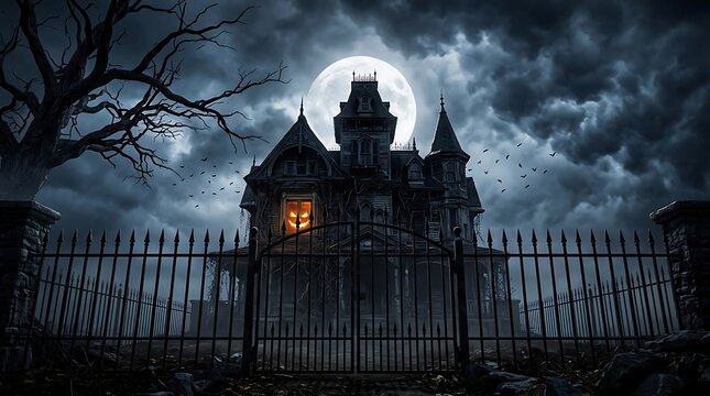 Spooky haunted mansion with glowing pumpkin window under full moon and dark dramatic cloudy night sky