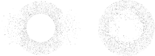 Abstract circular particle clouds made of fine scattered dots, soft dust rings and dispersed grain elements for atmospheric and motion design. © MAKSYM