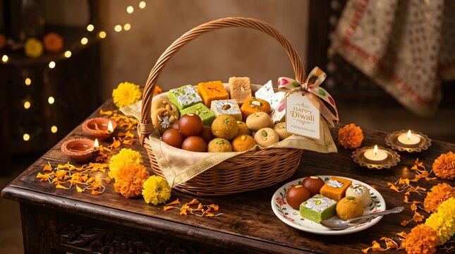 Traditional indian festive platter with a basket of assorted sweets and colorful flowers for diwali celebration