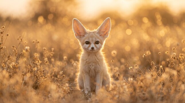 Cute fennec fox with large ears standing in open field during golden hour with warm sunset rim light for wildlife presentation