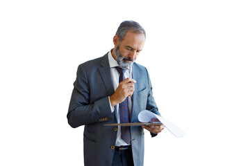 Mature businessman contemplating document on clipboard, transparent background