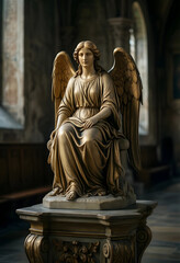 Fototapeta premium Spirituality and faith concept, golden angel statue sitting in a historic church interior with soft light and religious atmosphere for meditation