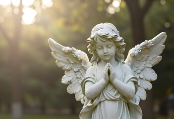 Fototapeta premium Spirituality and mourning, stone angel statue praying in a peaceful cemetery at sunset with soft golden light for funeral and memorial services