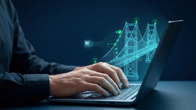Digital twin bridge monitoring and smart infrastructure. Engineer typing on laptop with hologram wireframe structure, sensor signal and data check for civil inspection and safety analysis