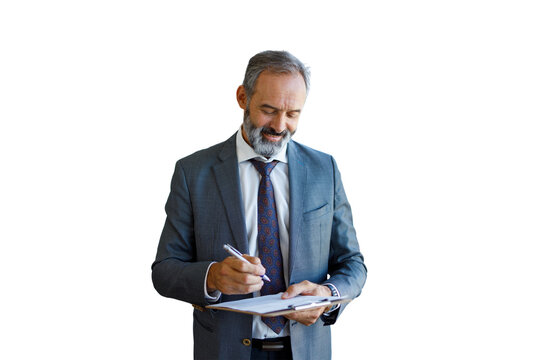 Professional businessman writing on clipboard with document