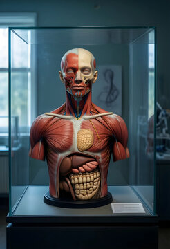 Medical education and human anatomy, anatomical model of human torso with muscles and internal organs displayed in a glass case for clinical study