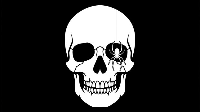 White human skull graphic featuring a dangling black spider inside the dark empty eye socket area