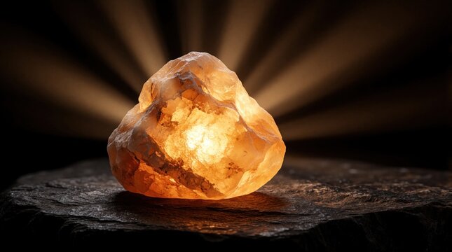 A glowing rock formation sits on a dark stone surface. Light rays emanate from behind the luminous mineral. The scene features dramatic contrast and deep shadows.